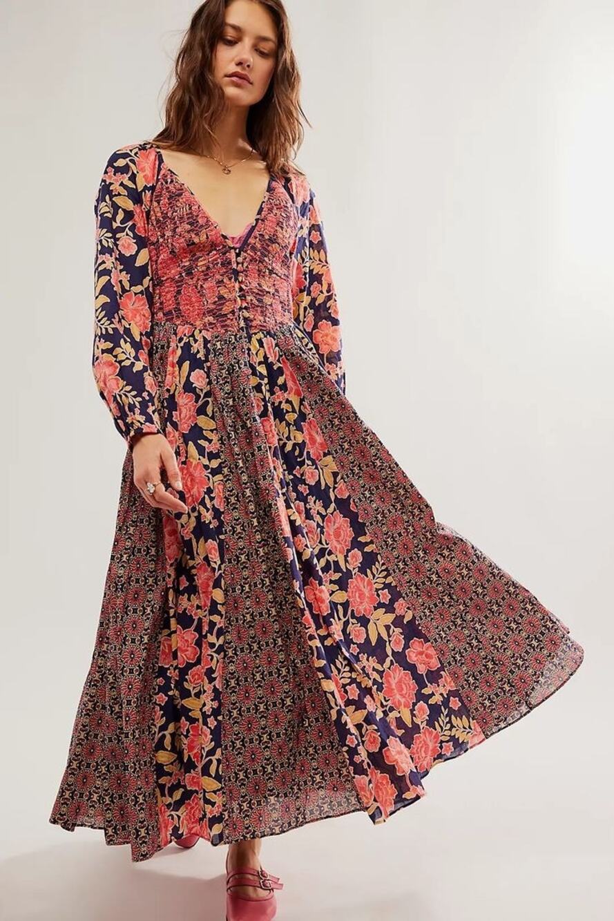 New Free People A New Way Floral Maxi Dress $168 X-SMALL Navy Combo Smocked